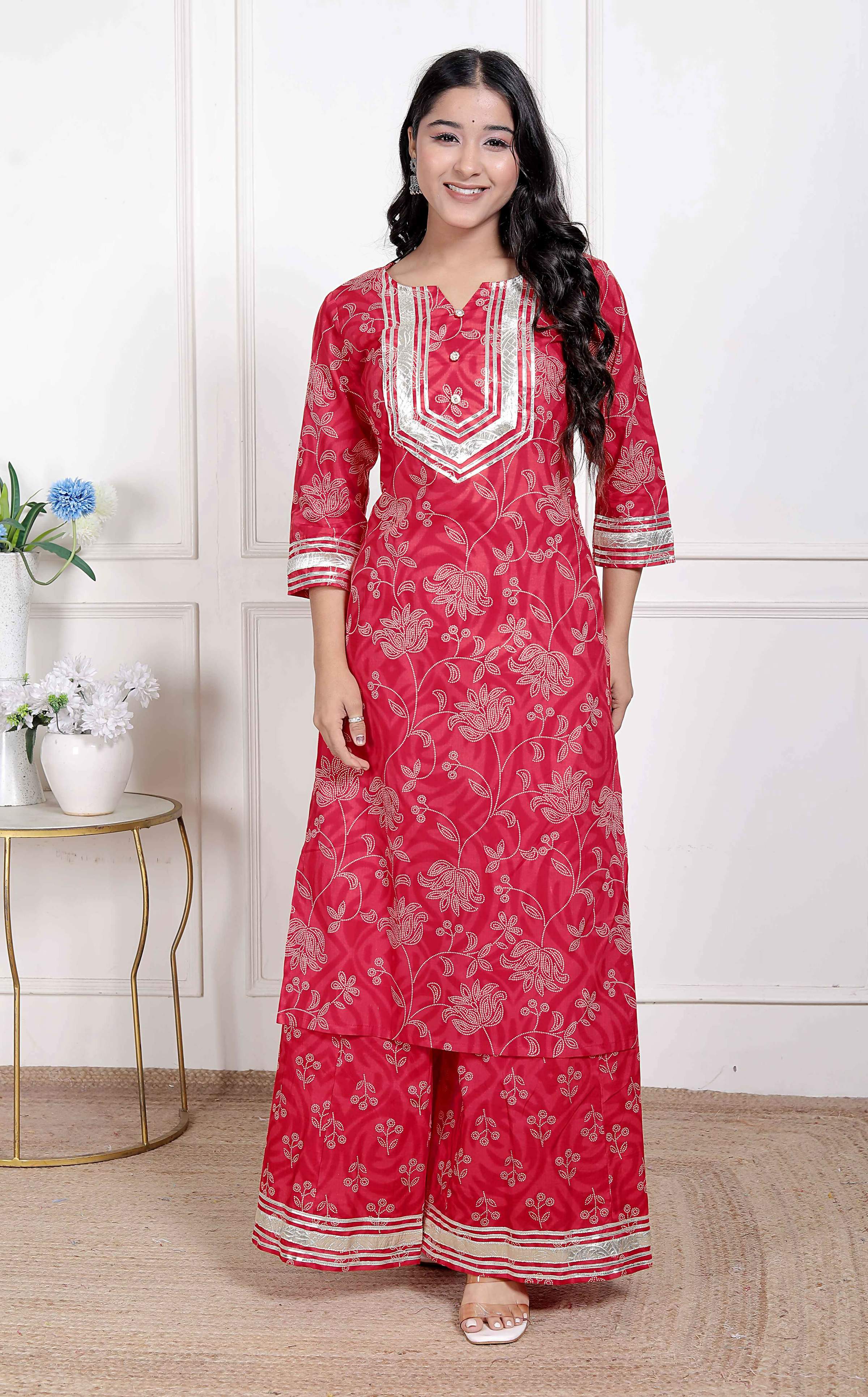 Miravan Women's Red Cotton Gota Work Kurta with Palazzo | Grocsy