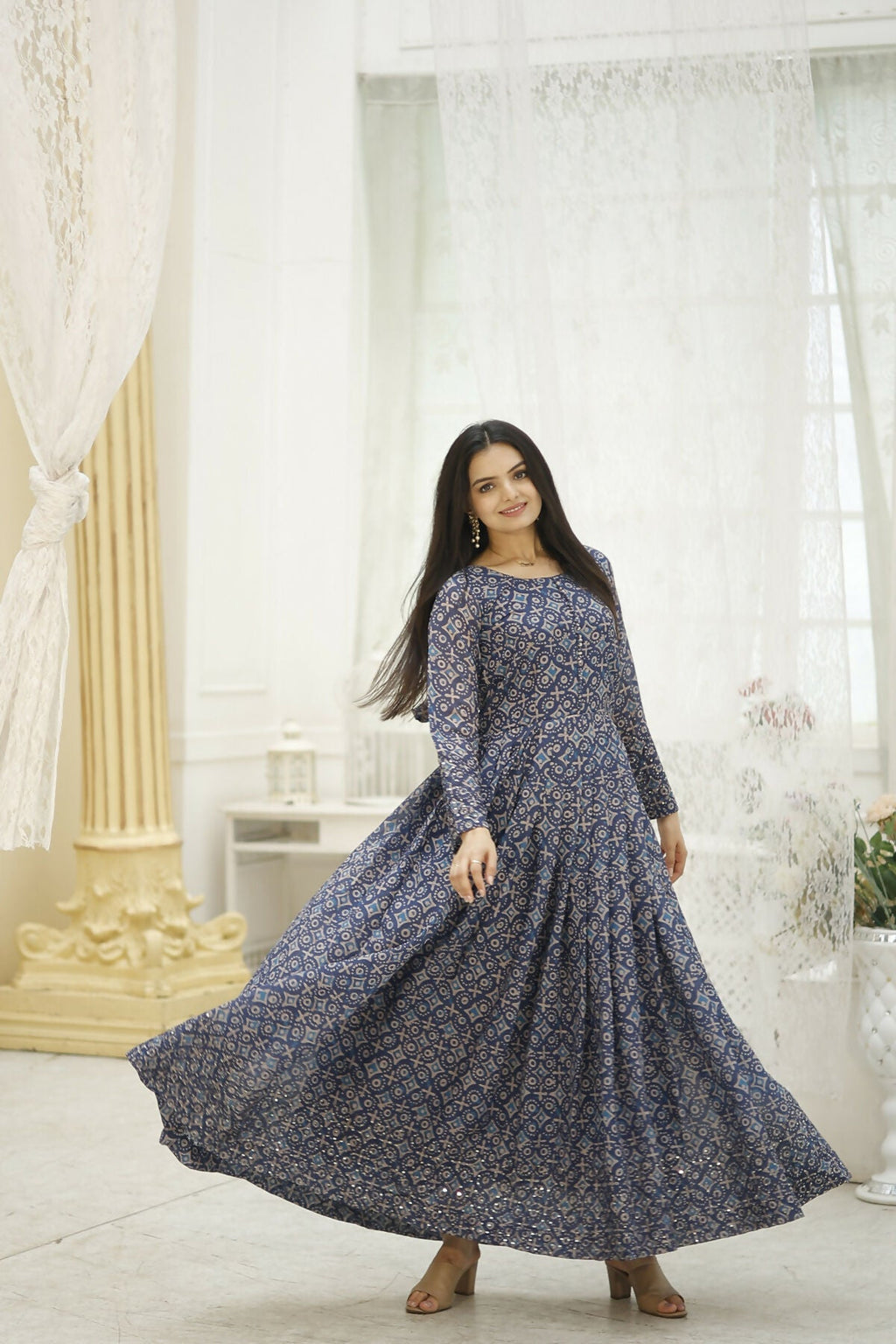 Aayaa Printed Faux Georgette with Embroidery Thread Sequins work Gown - Multi Color | Grocsy