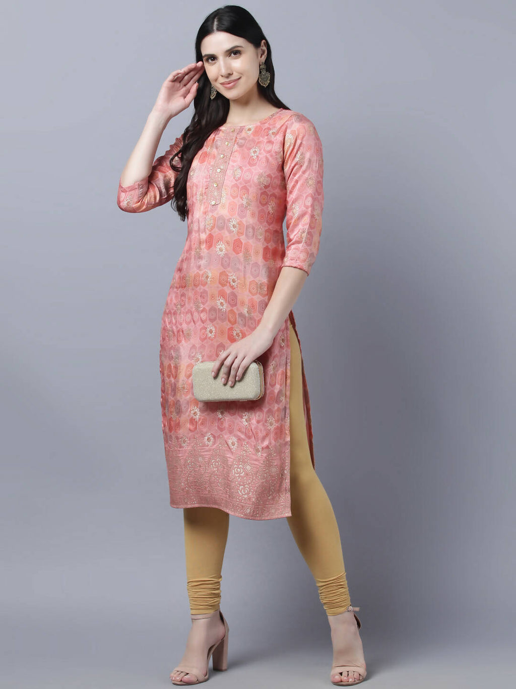 Myshka Stylish Pink 3/4 Sleeve Women's Kurta | Grocsy