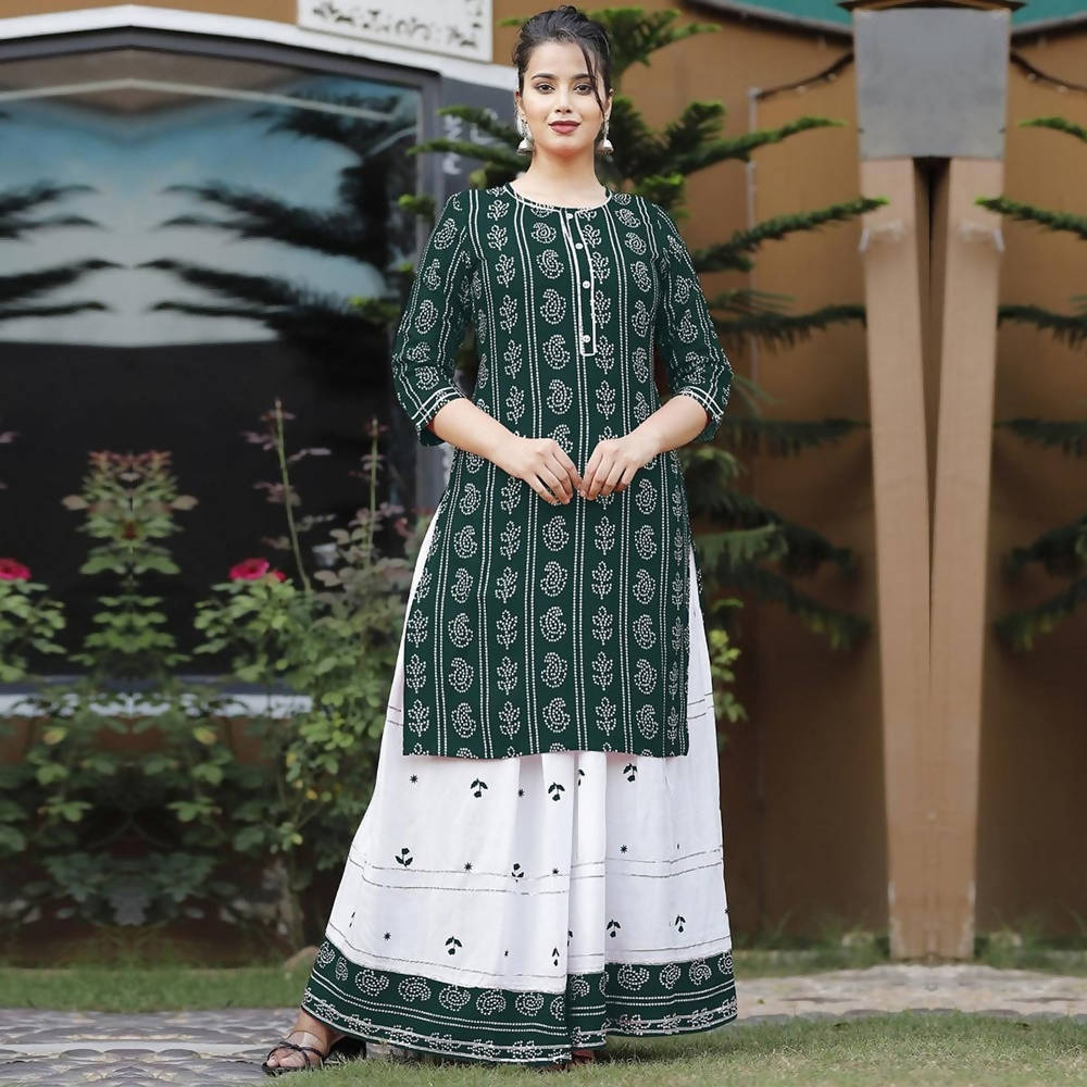 Vamika Green Rayon Gota Patti work Kurti With Skirt Suit | Grocsy