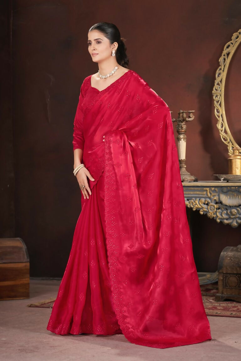 Vastranavya Red Jimmy Choo Silk 3mm Sequence work with Cross Stitch Embroidery work & Cutwork Border Saree | Grocsy