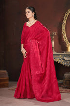 Vastranavya Red Jimmy Choo Silk 3mm Sequence work with Cross Stitch Embroidery work & Cutwork Border Saree | Grocsy