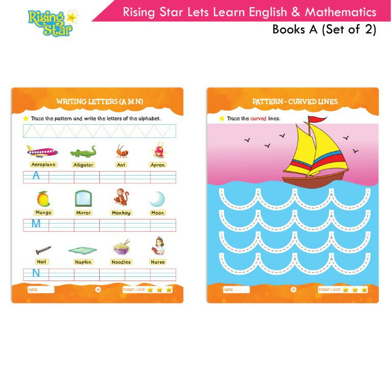 Rising Star Lets Learn English & Maths Activity Books Set A|Set of 2| Ages 3-7 Year| Number, Alphabets, Pattern Writing | Grocsy