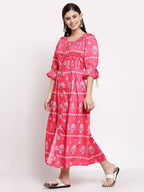 Myshka Women's Pink Cotton Printed 3/4 Sleeve Round Neck Casual Dress | Grocsy