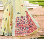 Sangam Prints Yellow Linen Woven Work Traditional Saree | Grocsy