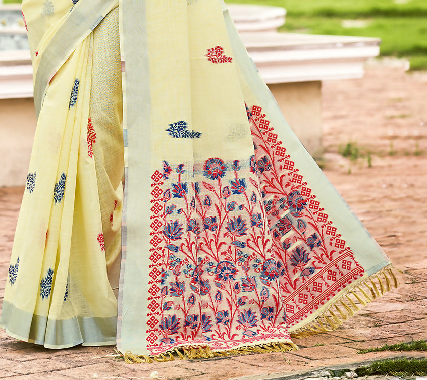 Sangam Prints Yellow Linen Woven Work Traditional Saree | Grocsy