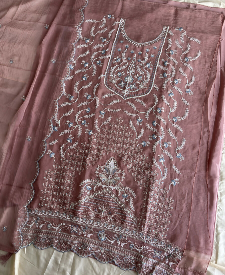 KC Beautiful Peach Chiffon Silk Hand Embroidery Suit For Women | Grocsy