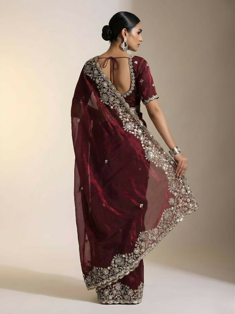 Joban Fashion Maroon Fandy Satin Silk Party Wear Sarees | Grocsy