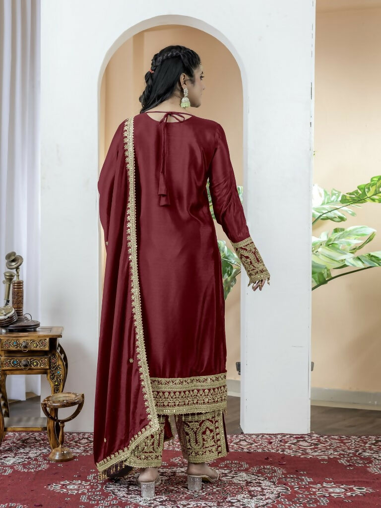 Teeya Creation Maroon Color Chinnon Silk Embroidery Work Fully Stitched Salwar Suit | Grocsy