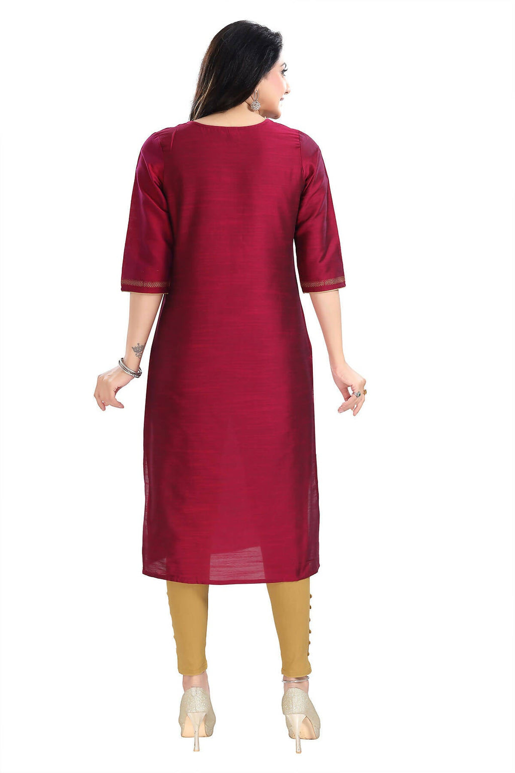 Snehal Creations Majenta Raw Silk Block Print Long Kurta For Women | Grocsy