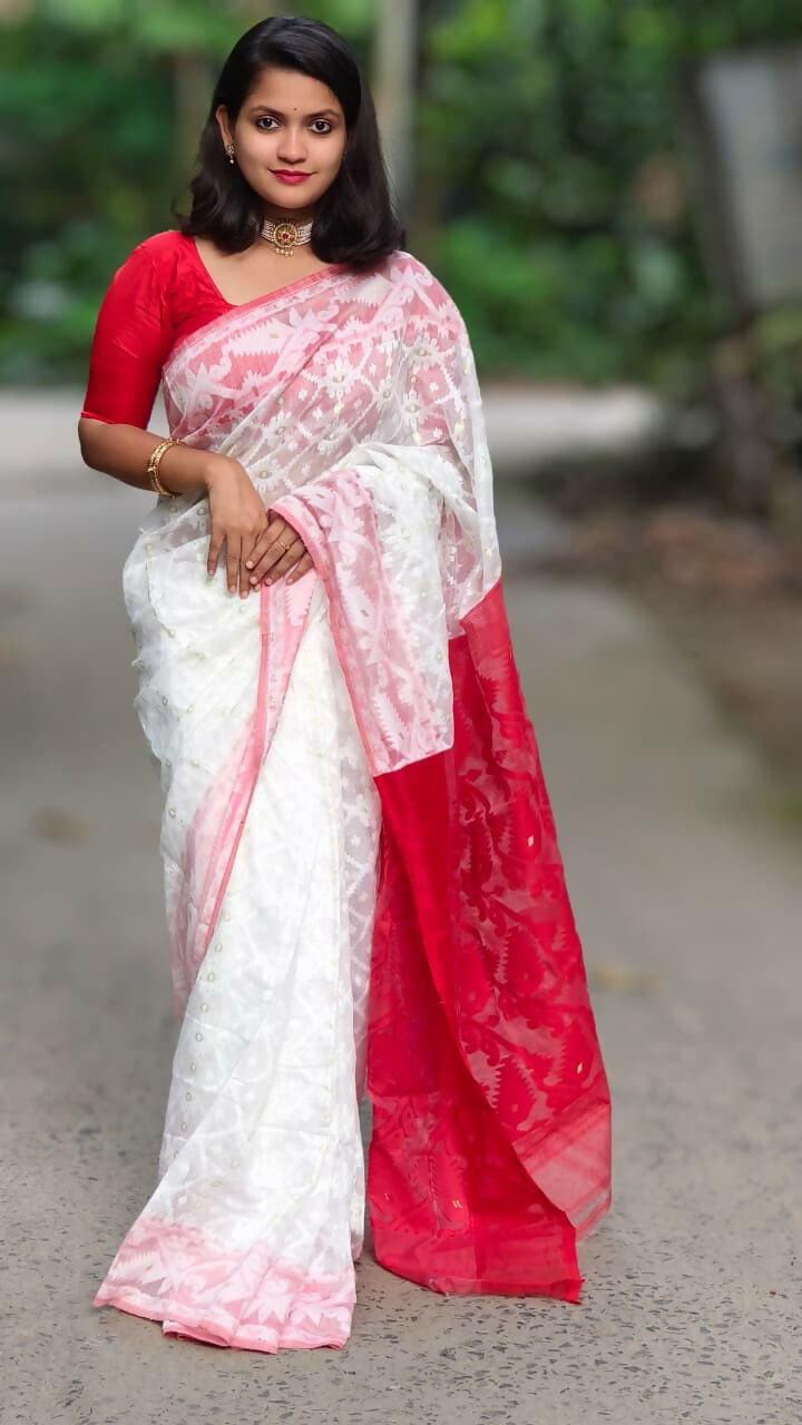 Exclusive Collection White Red White Red Jamdani Saree | Grocsy