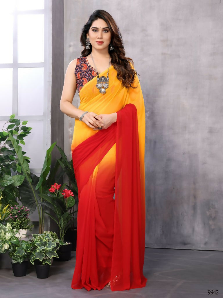 Partywear Designer Yellow & Red Georgette Fancy Saree - Satrangi | Grocsy