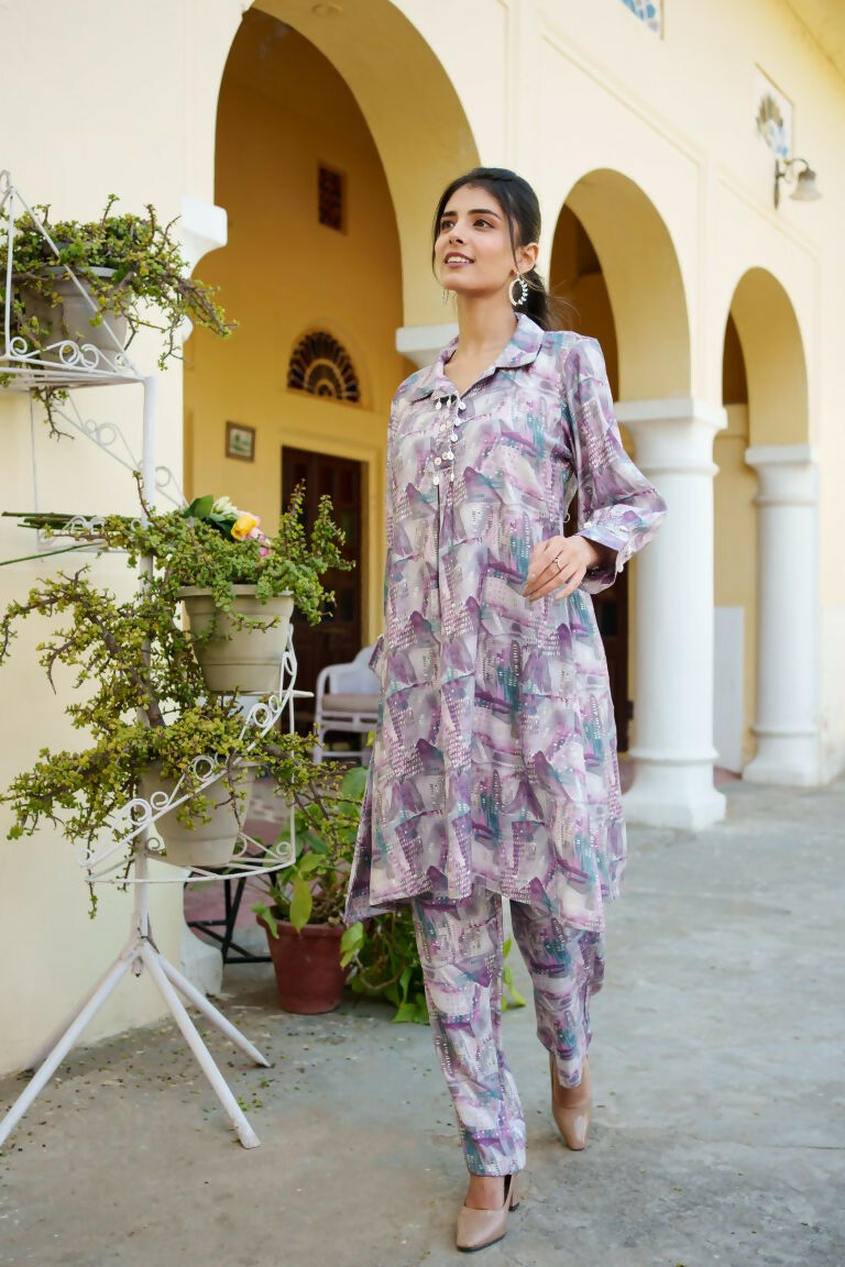 Vaasva Women Lavender Muslin Printed Shirt & Pant Set | Grocsy