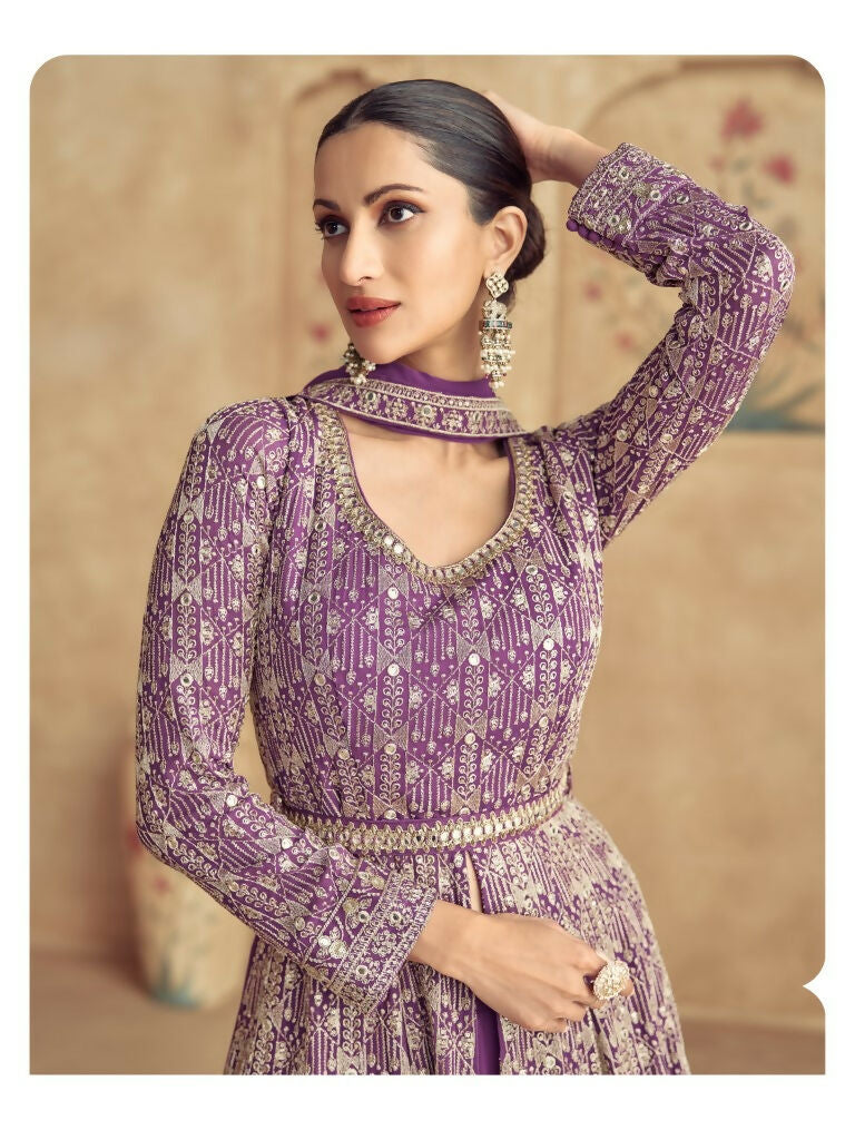 Vastranavya Stunning Purple Georgette Gota Sequins A-Line Anarkali Suit | Grocsy