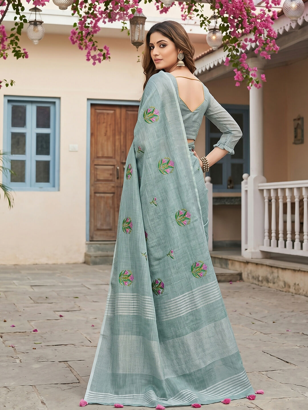 Shree Shyam Fashion Sea Green Linen Saree | Grocsy