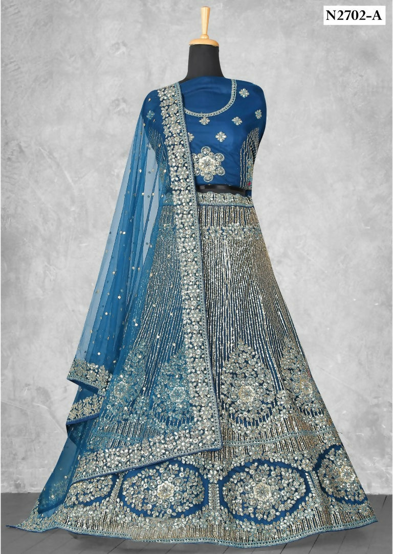 Teal Net Thread With Sequence Work Lehenga Choli - Nimaya Ishani | Grocsy