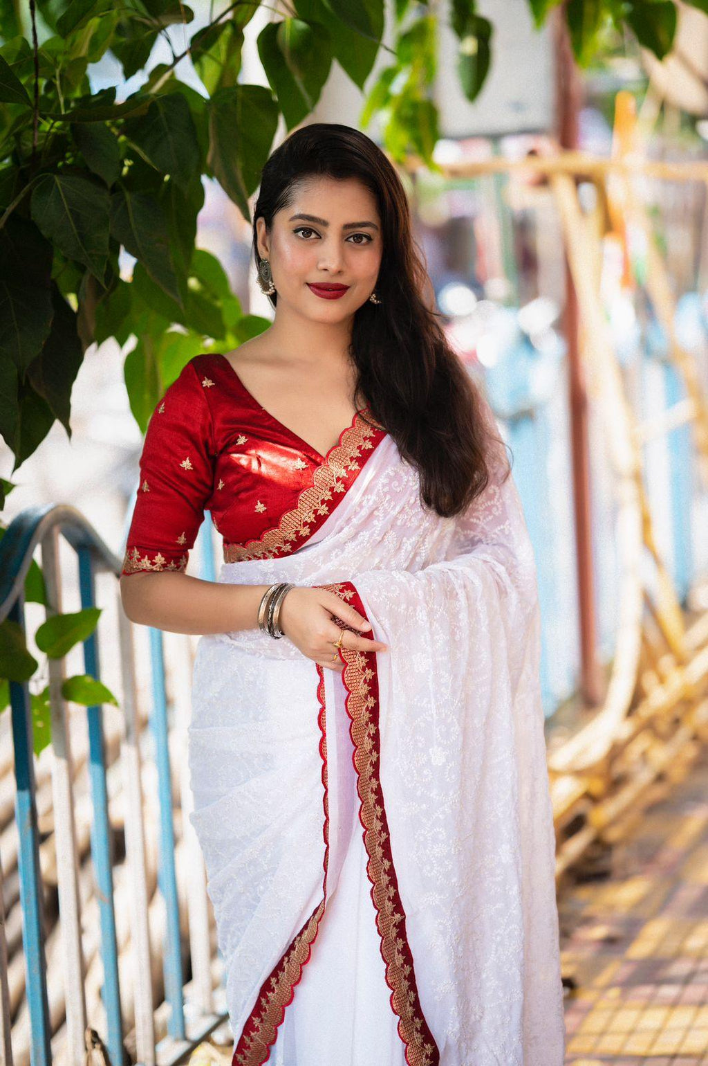 White Pure Georgette Woven Design Saree with Unstitched Blouse - A2M | Grocsy