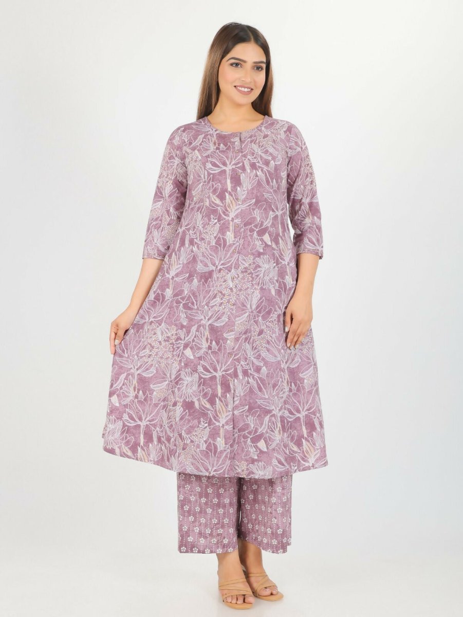 Aramya Purple Soft Cotton Gold Foil Print A-line Kurta Set for Women | Grocsy