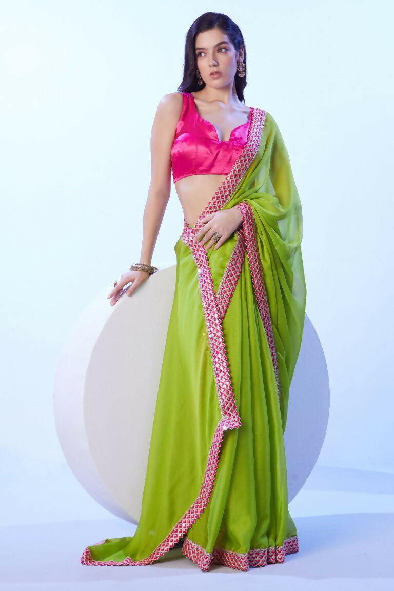 Green Moss Solid Designer & Lace Work Saree - Samaa | Grocsy