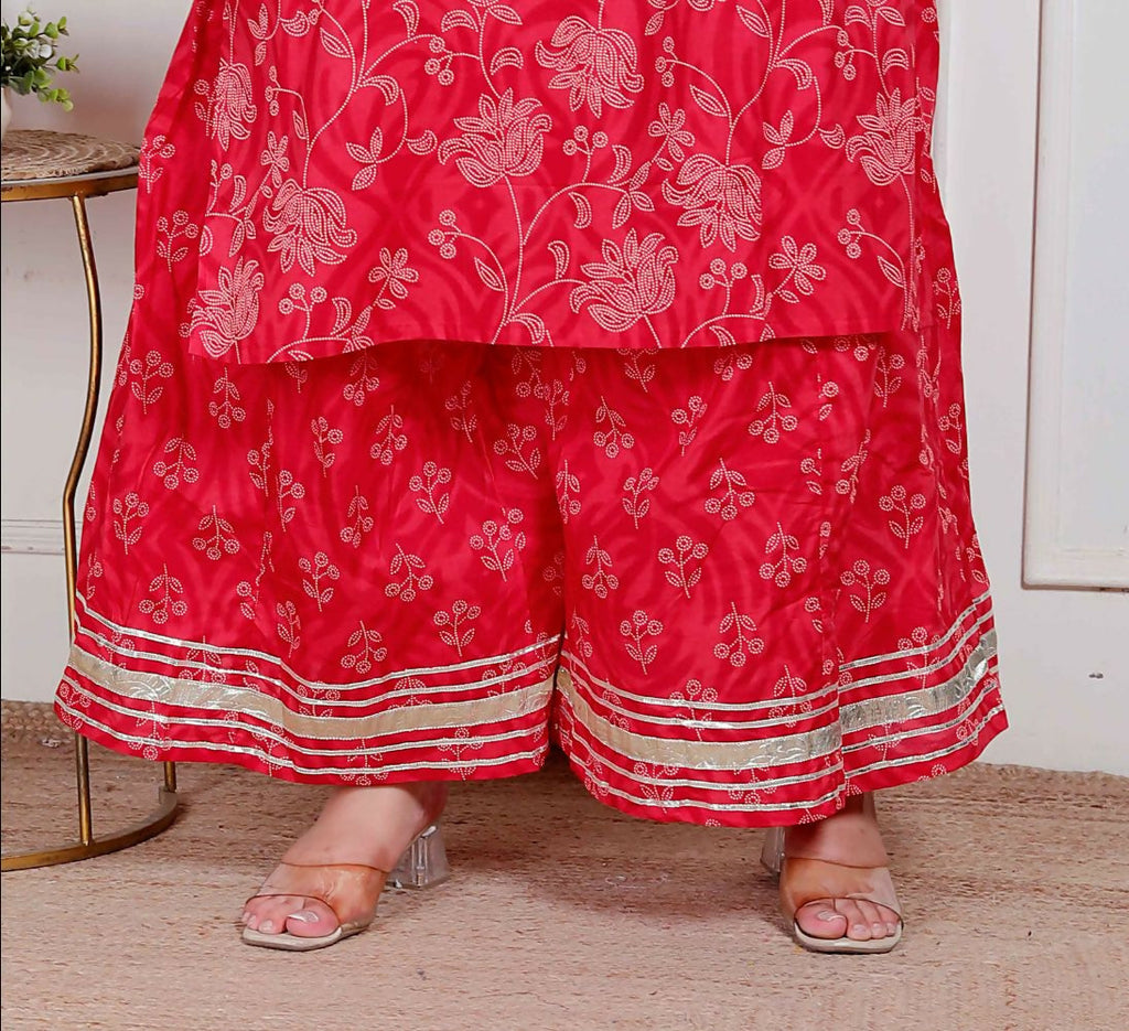 Miravan Plus Size Red Floral Print Embroidered Cotton Straight Kurta With Palazzo & Dupatta | Grocsy