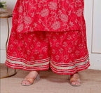Miravan Plus Size Red Floral Print Embroidered Cotton Straight Kurta With Palazzo & Dupatta | Grocsy
