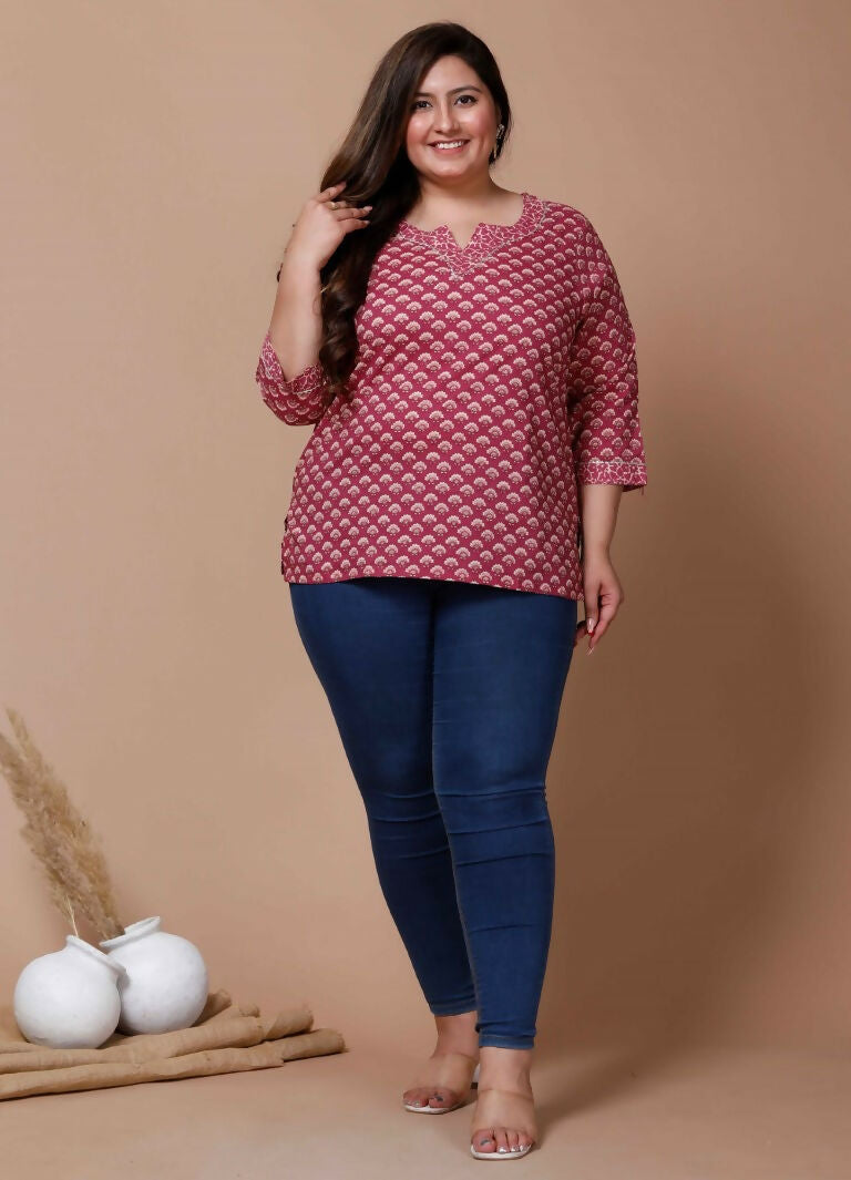 Miravan Women's Plus Size Pink Floral Printed Cotton Kurti | Grocsy