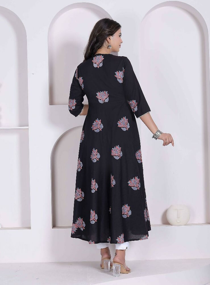Miravan Black Printed Cotton Anarkali Kurta & Dupatta For Women | Grocsy