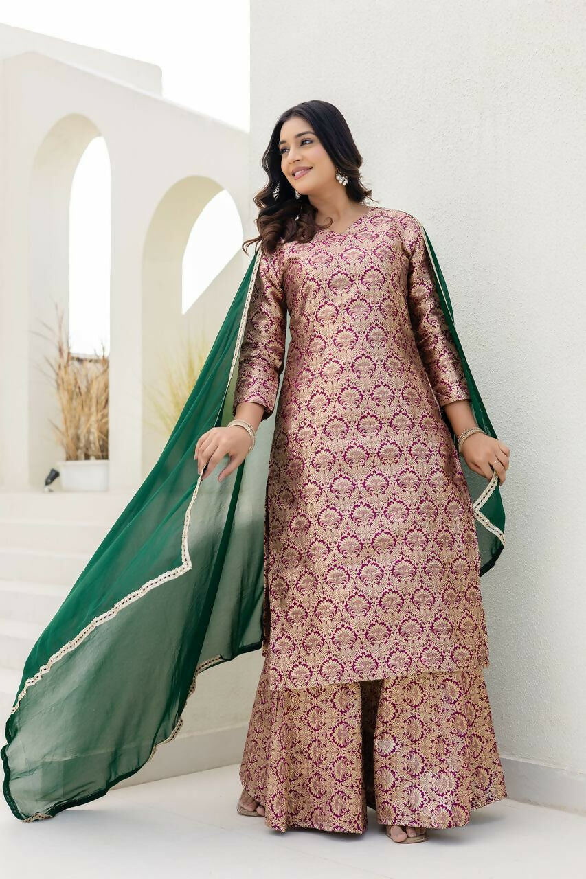 Joban Fashion Peach Jacquard Embroidered Sharara Set | Grocsy