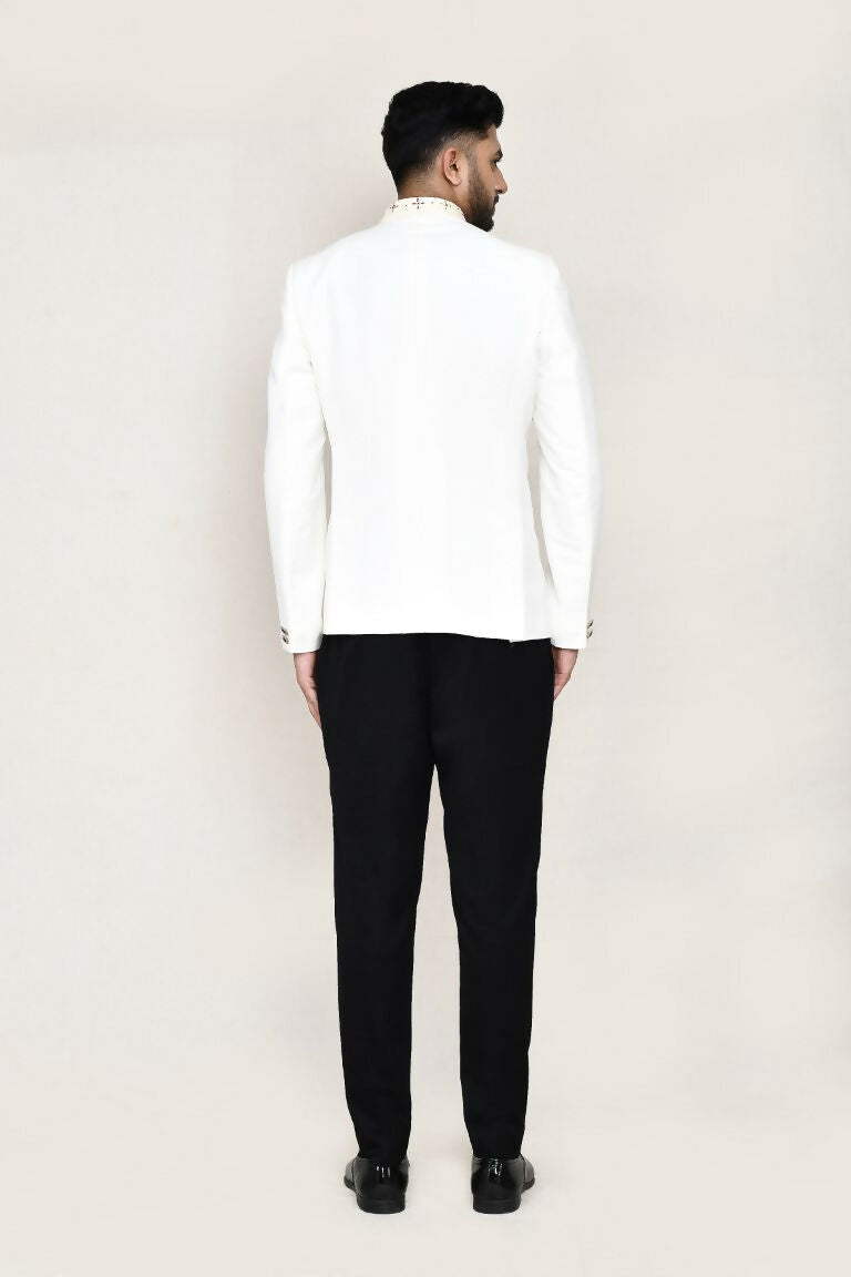 Joban Fashion White Colored Cotton Linen With Neck Embroidery Work Fabric Prince Coat, Pocket Square With Pant | Grocsy