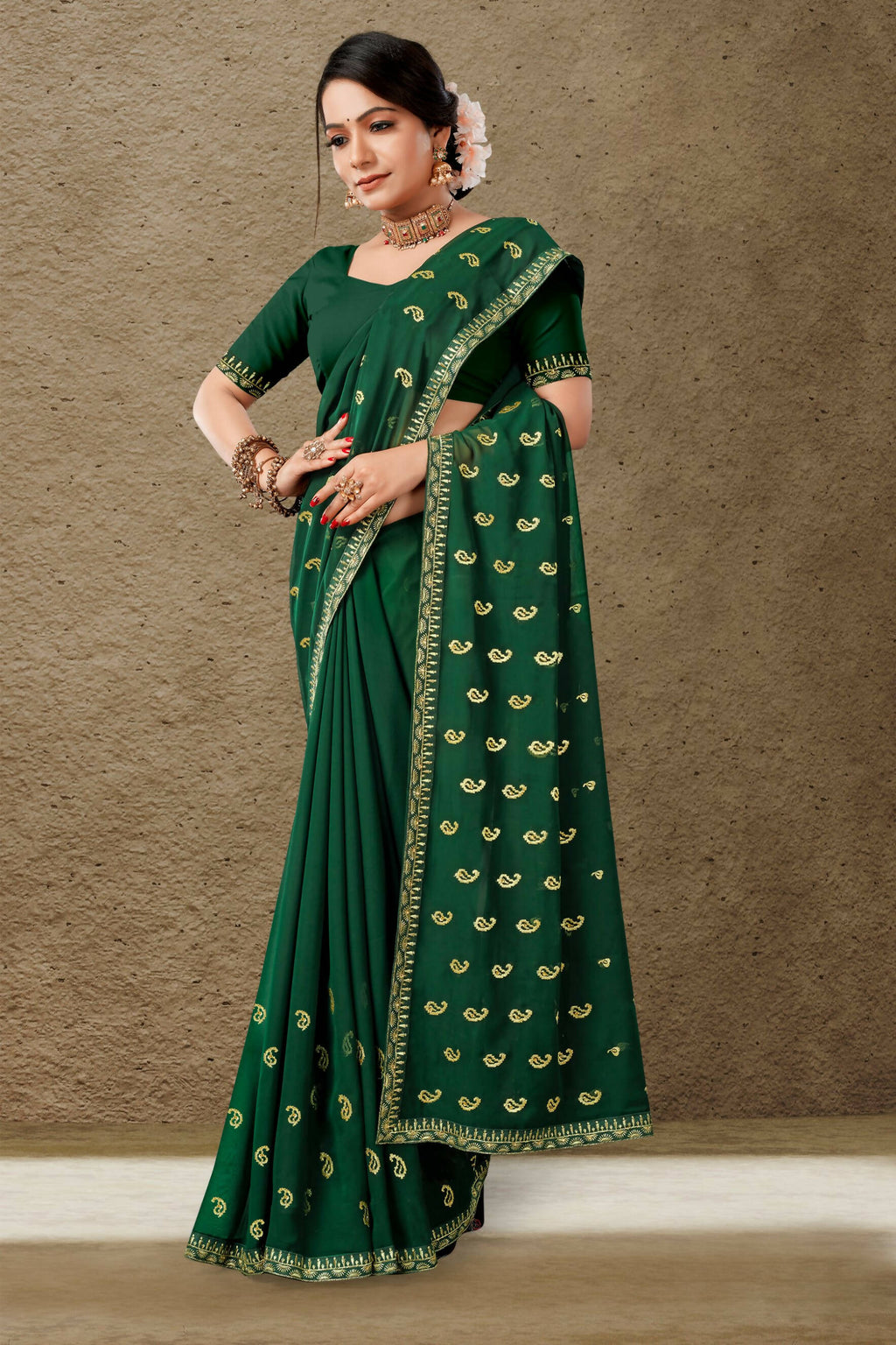 Green Georgette Embroidered Saree with Unstitched Blouse Piece - Avika | Grocsy
