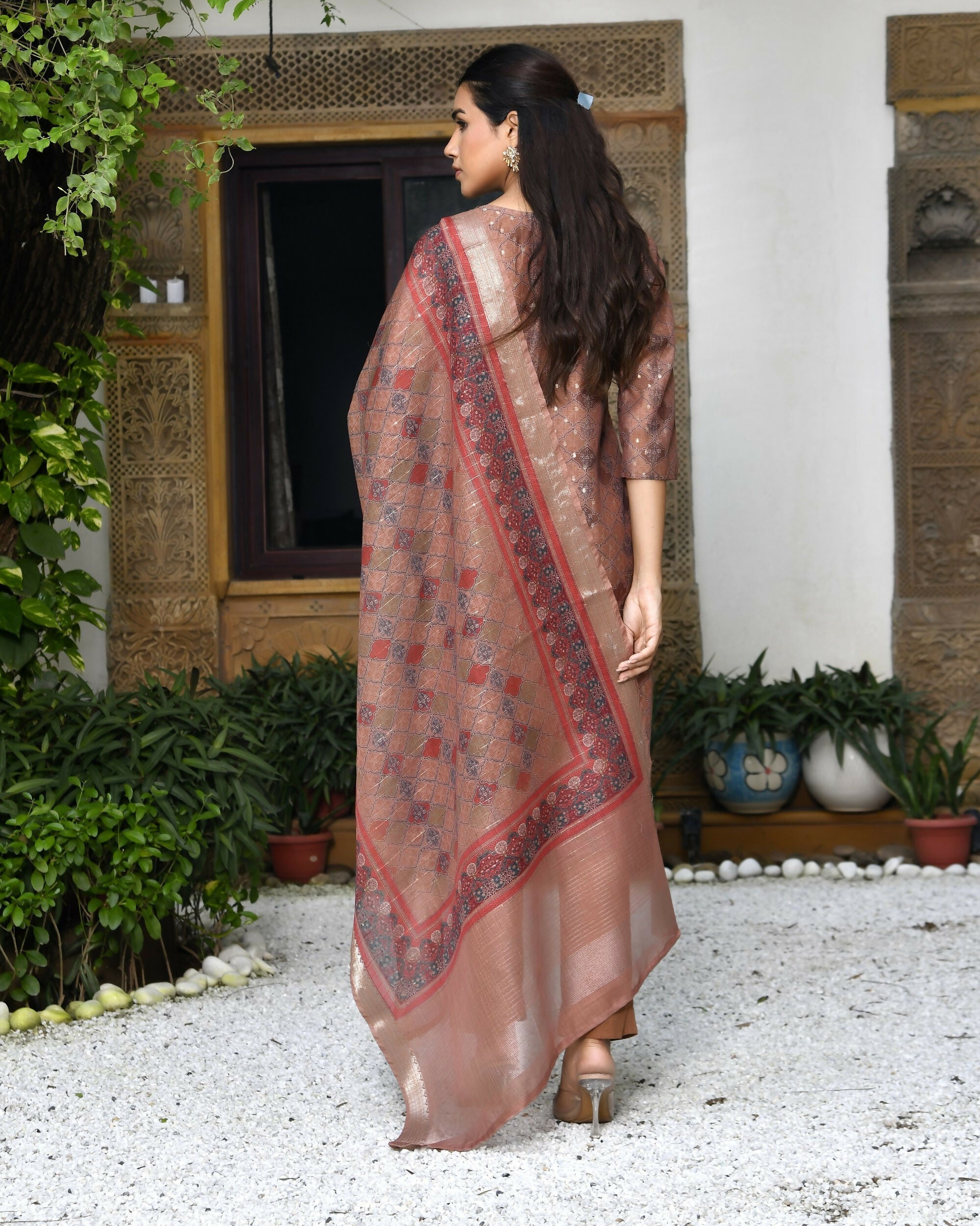 Vaasva Women's Chanderi Printed Suit Set With Pant And Printed Dupatta | Grocsy