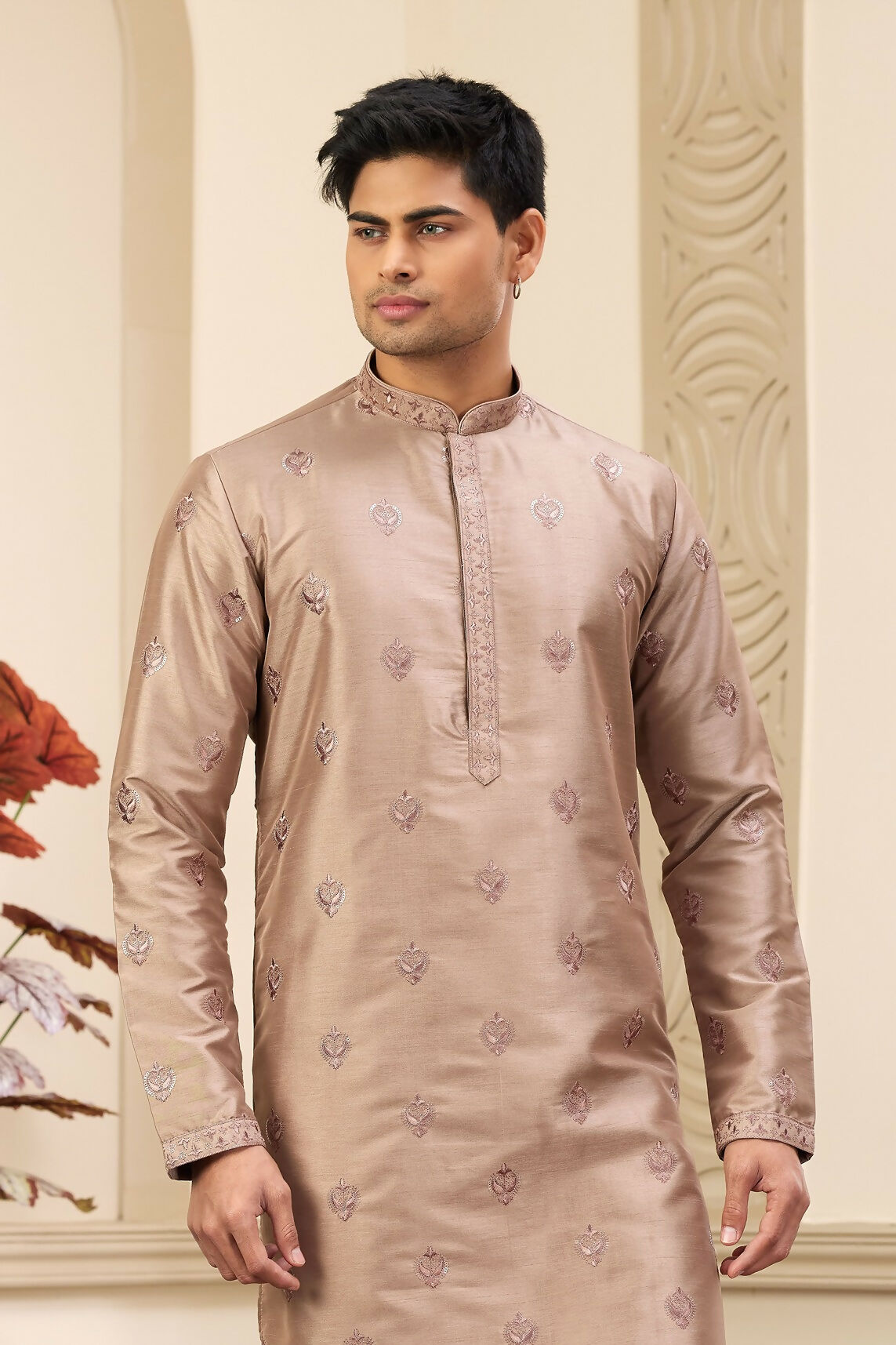 Raivat Ethnic Men's Art Silk Thread Work Kurta Pyjama In Brown Colour | Grocsy