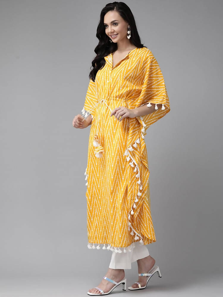 Yufta Women Yellow & Off white Printed Kaftan Kurta | Grocsy