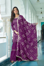 Teeya Creation Wine Colour Chinnon Silk Heavy Embroidery Work Fully Stitched Salwar Suit | Grocsy