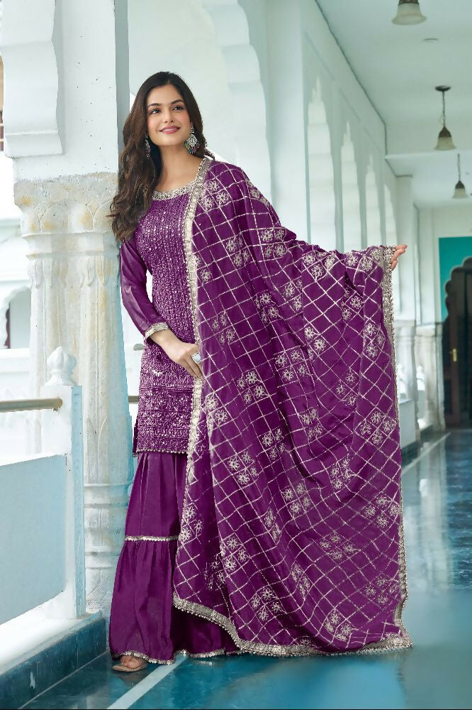 Teeya Creation Wine Colour Chinnon Silk Heavy Embroidery Work Fully Stitched Salwar Suit | Grocsy