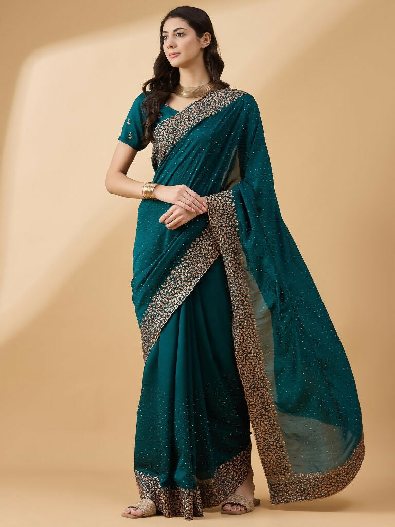 Teal Silk Blend Embroidered Saree with Unstitched Blouse - Vairagi | Grocsy