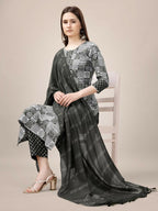 Jyoti Fashion Women's Black Rayon Print with Embroidery & Fancy Lace Work Kurta with Trouser & Dupatta | Grocsy