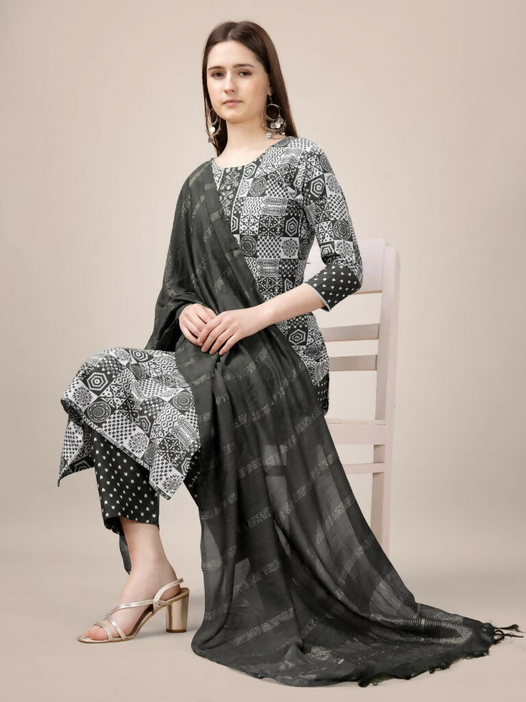 Jyoti Fashion Women's Black Rayon Print with Embroidery & Fancy Lace Work Kurta with Trouser & Dupatta | Grocsy
