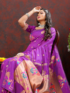 Lorenvalley Fashion Wine Soft Paithani Silk Woven Design Copper Zari Meenakari Weaving Saree | Grocsy