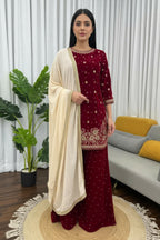 Joban Fashion Deep Maroon Velvet Embroidery Kurta Set | Grocsy