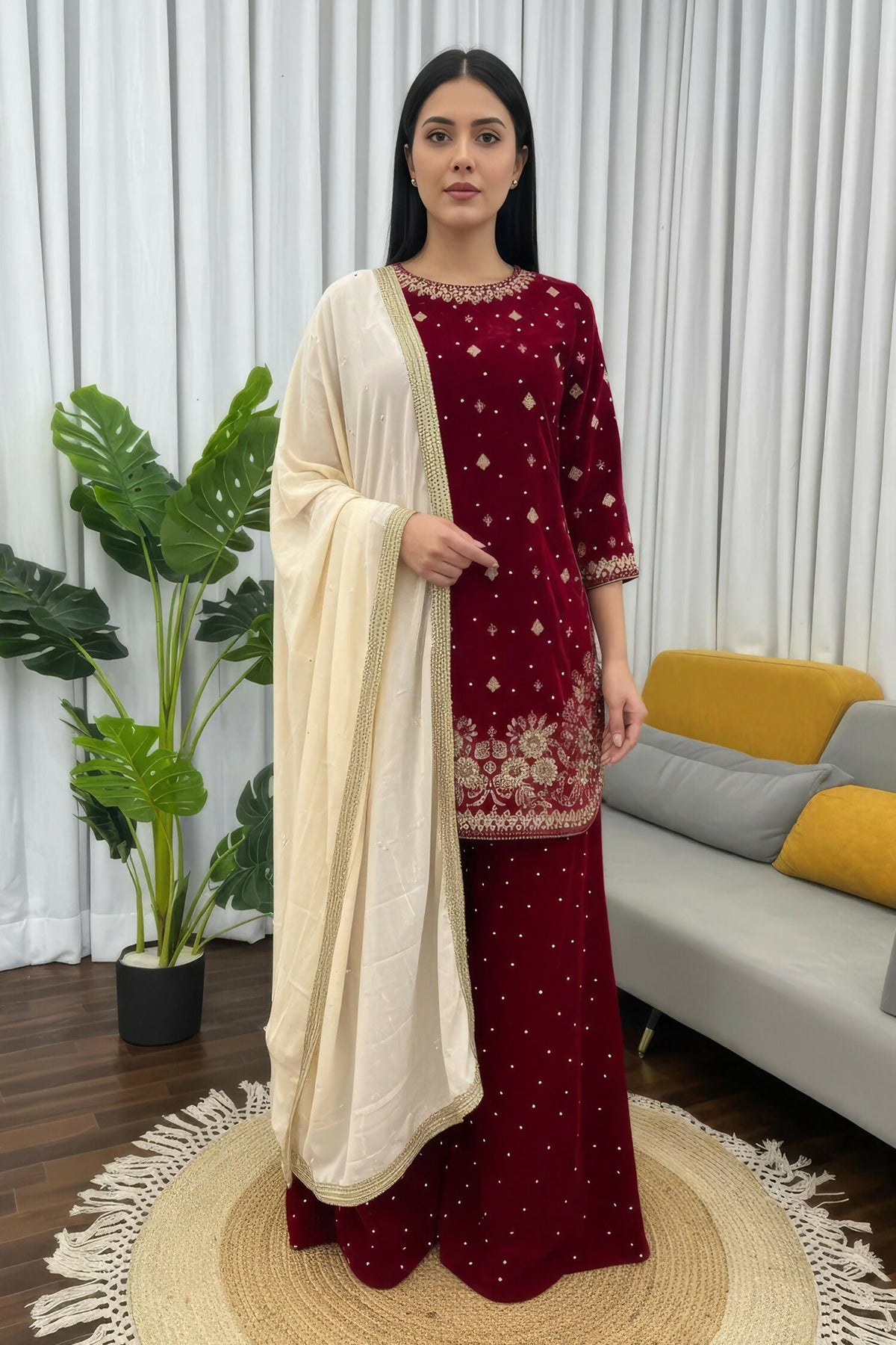 Joban Fashion Deep Maroon Velvet Embroidery Kurta Set | Grocsy