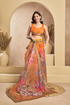Vastranavya Orange Digital Printed Linen Ready To Wear Designer Saree with Unstitched Blouse | Grocsy