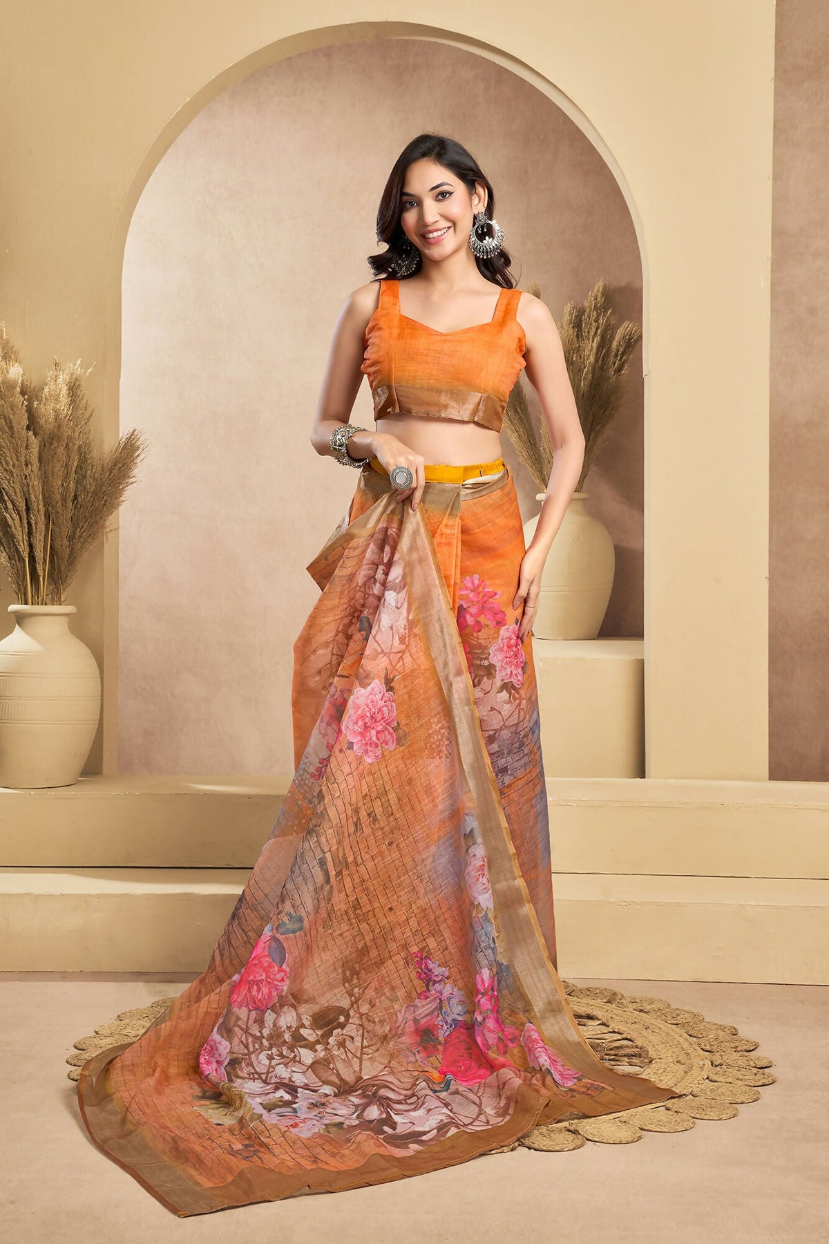 Vastranavya Orange Digital Printed Linen Ready To Wear Designer Saree with Unstitched Blouse | Grocsy