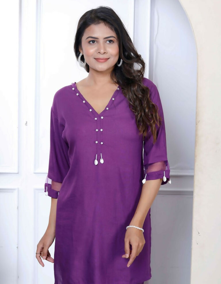 Miravan Women's Purple Solid Rayon Straight Co-Ord Set | Grocsy