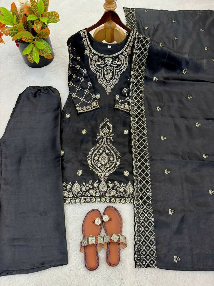 Teeya Creation Black Color Gimmychu Silk Embroidery Work Wedding Wear Salwar Suit | Grocsy