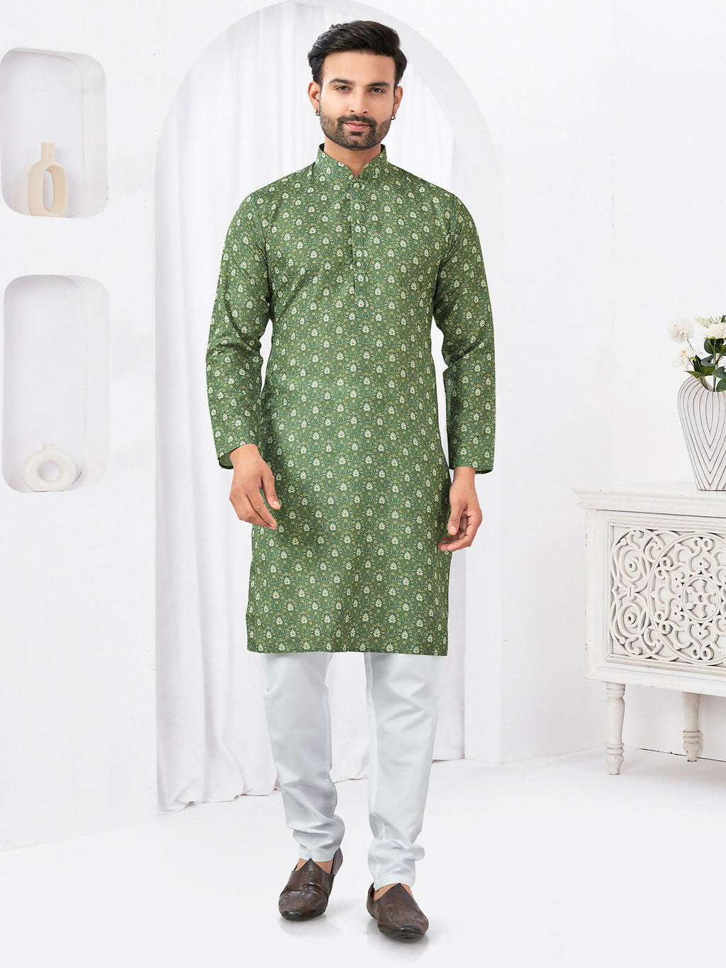 Joban Fashion Men's Rayon Cotton Green Printed Kurta Pyjama set | Grocsy