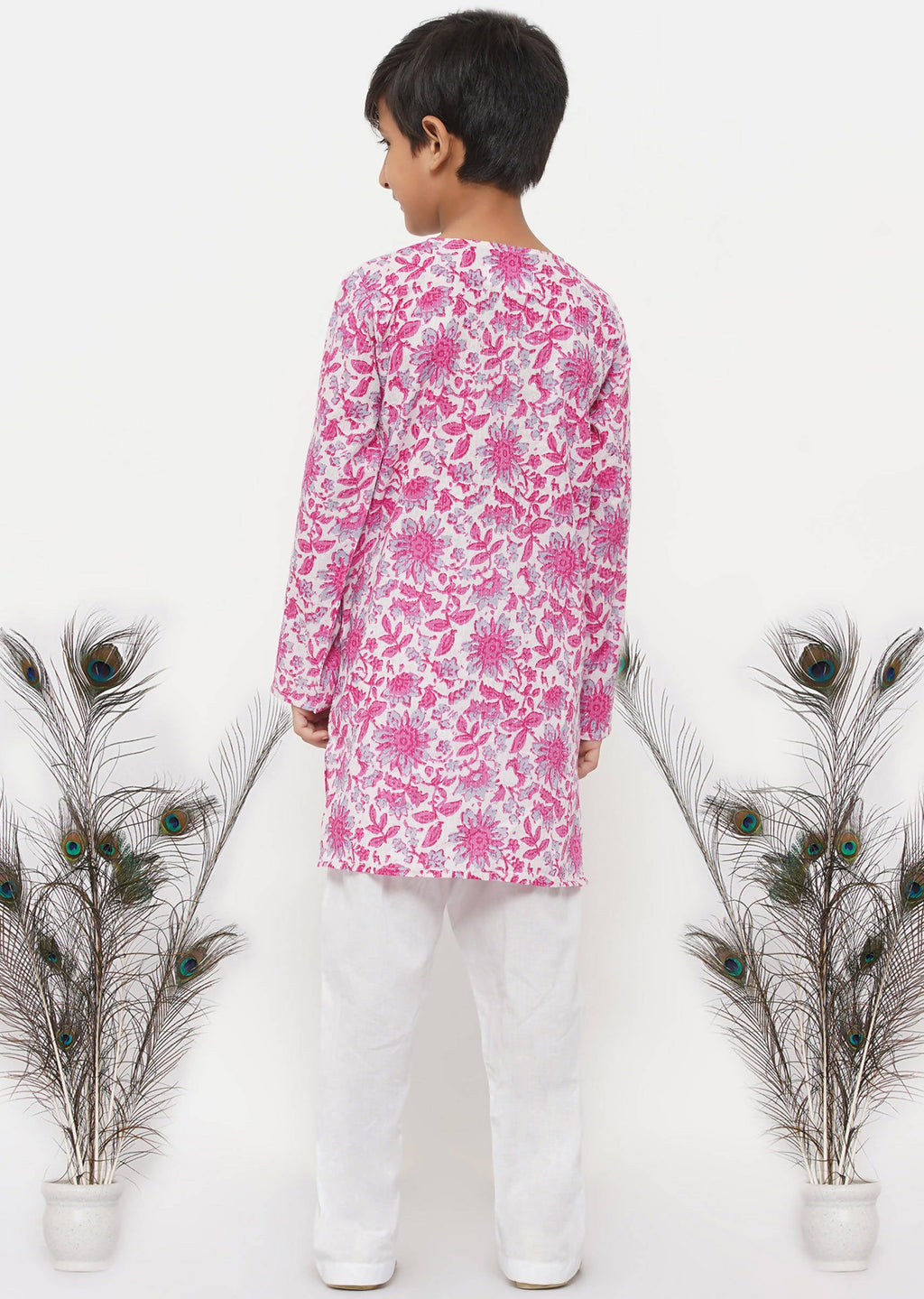 Little Bansi Boys Cotton Floral Kurta with Pearl Buttons & Pyjama in Pink & Cream | Grocsy