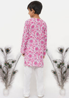 Little Bansi Boys Cotton Floral Kurta with Pearl Buttons & Pyjama in Pink & Cream | Grocsy