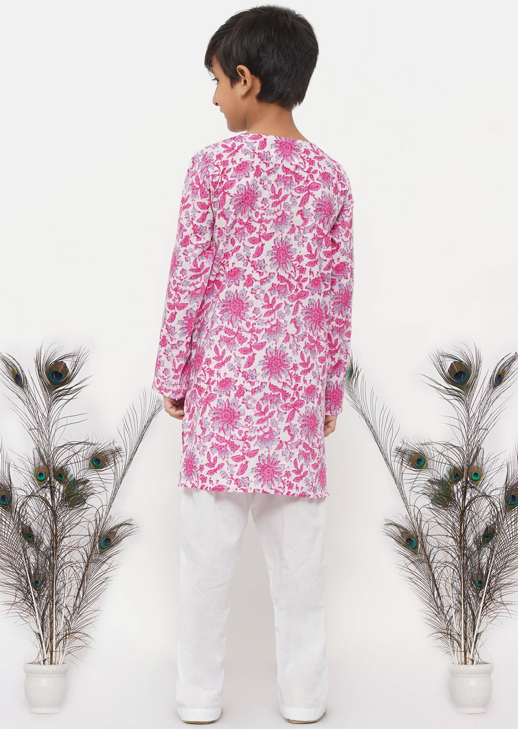 Little Bansi Boys Cotton Floral Kurta with Pearl Buttons & Pyjama in Pink & Cream | Grocsy