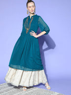 Janasya Women Teal Woven Design Dobby Weave Kurta | Grocsy